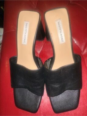 Saks Fifth Avenue Black Leather Slide Mules